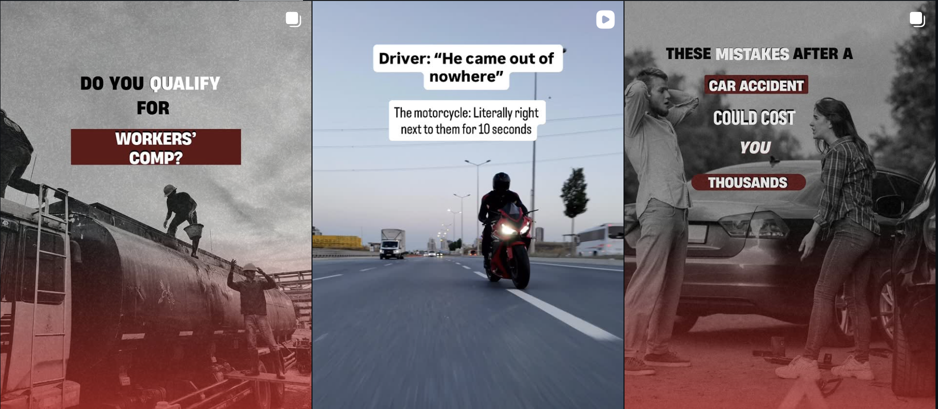 A collage of three images with text overlays: The first shows workers on top of a train tanker with the question 'Do you qualify for workers' comp?' The second features a motorcyclist on a highway at dusk with quotes from the driver and motorcycle about a sudden appearance. The third displays a man and woman by a car with the text warning about potential costs of car accidents after mistakes.