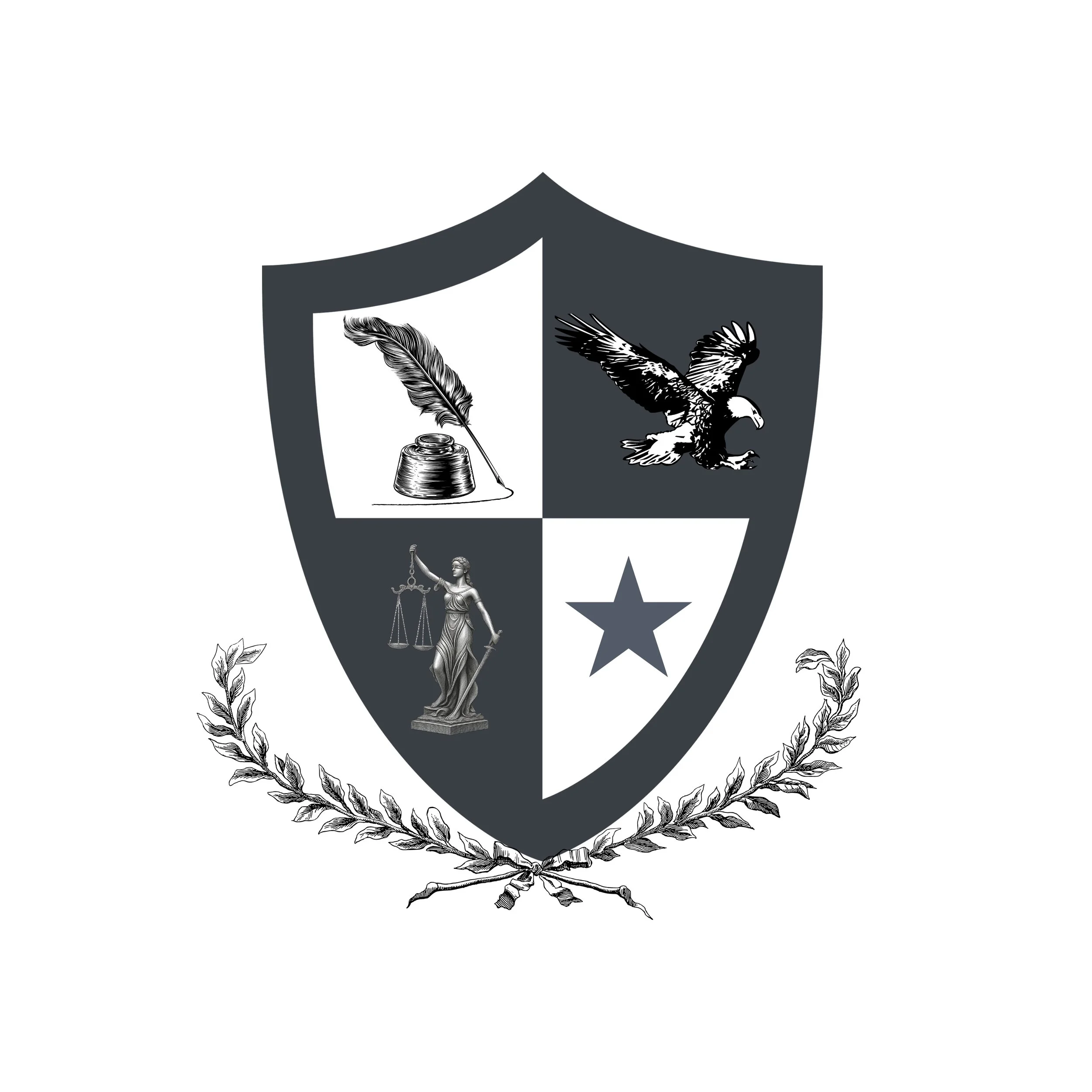 A crest featuring a shield divided into four quadrants. The top left quadrant displays a feather quill and ink bottle, the top right shows a bird in flight, the bottom left depicts the scales of justice and a woman holding them, and the bottom right has a star. The shield is decorated with a laurel wreath at the bottom.