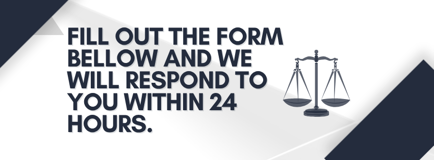 Graphic with text instructing to fill out a form and respond within 24 hours, featuring an icon of scales of justice.