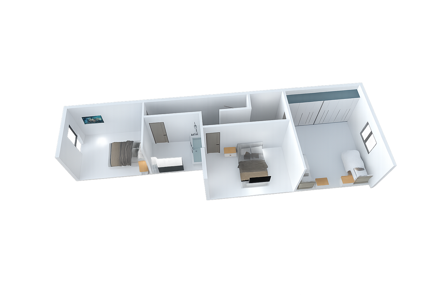 3D floor plan of an apartment showing three bedrooms, a bathroom, and a living room with a kitchen. The bedrooms each have beds, nightstands, and windows. The living room contains a sofa, a TV, and a small table.