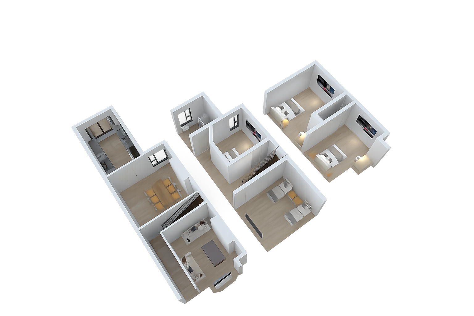 3D floor plan of an apartment with multiple rooms, including a living room, kitchen, bedrooms, and bathrooms, viewed from above.