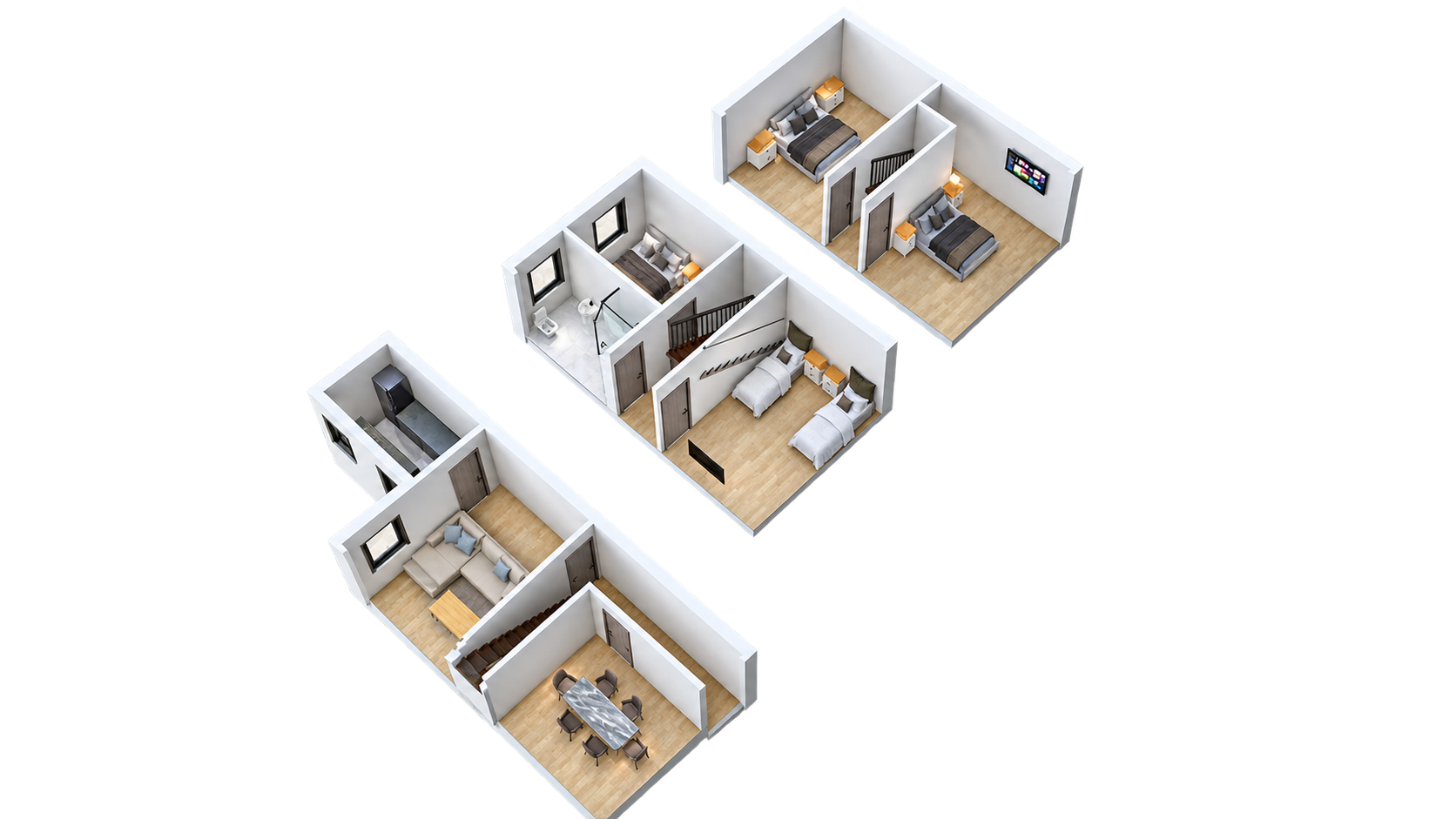 3D floor plan of a multi-story house showing various rooms including bedrooms, bathrooms, a living room, and a dining area.