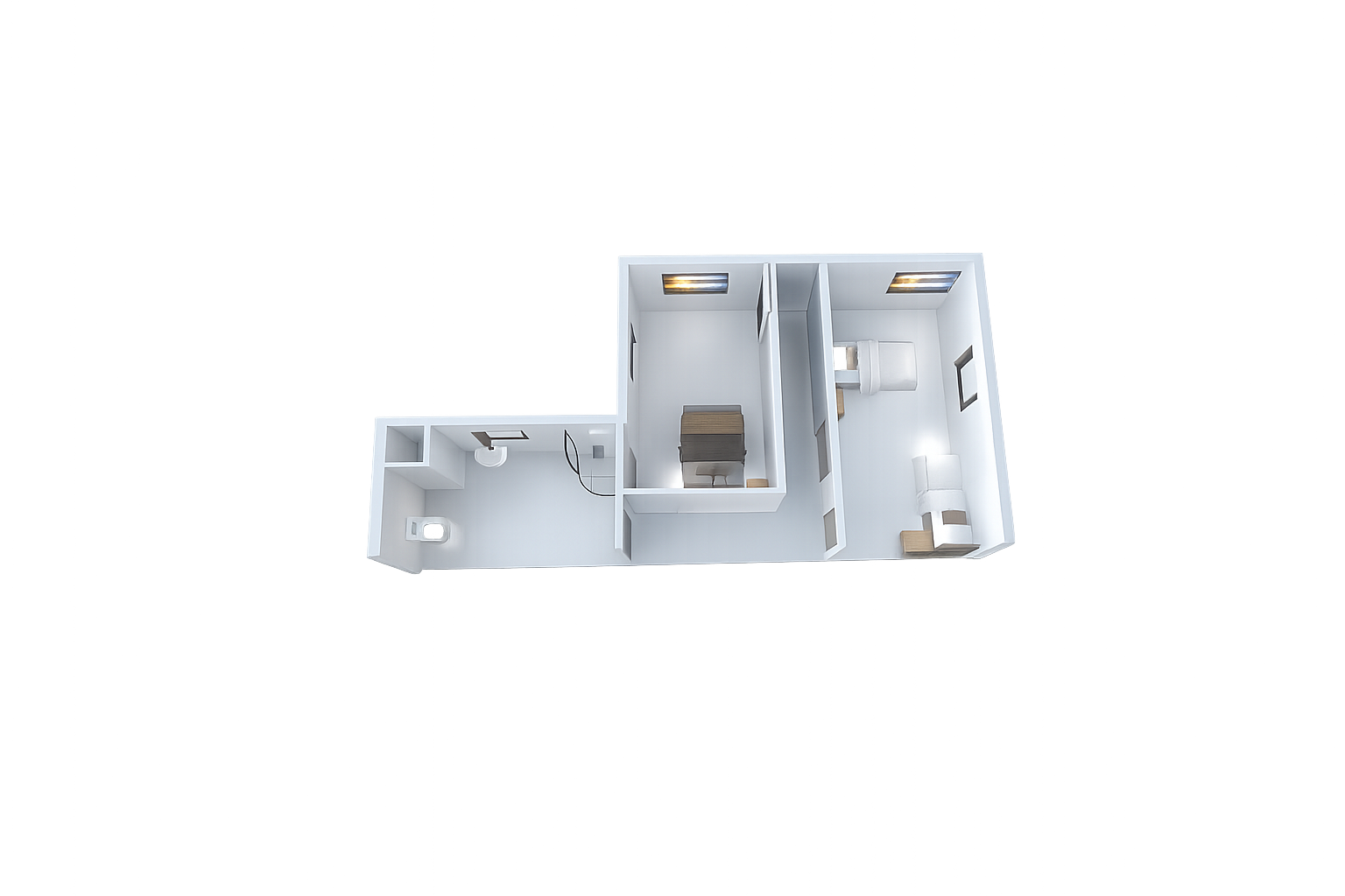 Top-down view of a small house with a bathroom, hallway, bedroom, and living room, all furnished with modern decor.