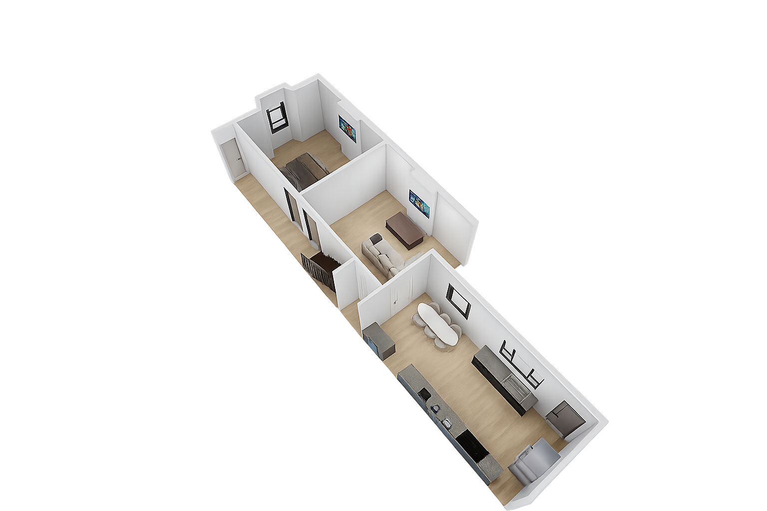 A 3D-rendered floor plan of a modern apartment with an open living and dining area, a bedroom, and a small bathroom. The living room has a sofa and a TV, while the dining area includes a round table with chairs. The bedroom contains a bed and artwork on the walls.