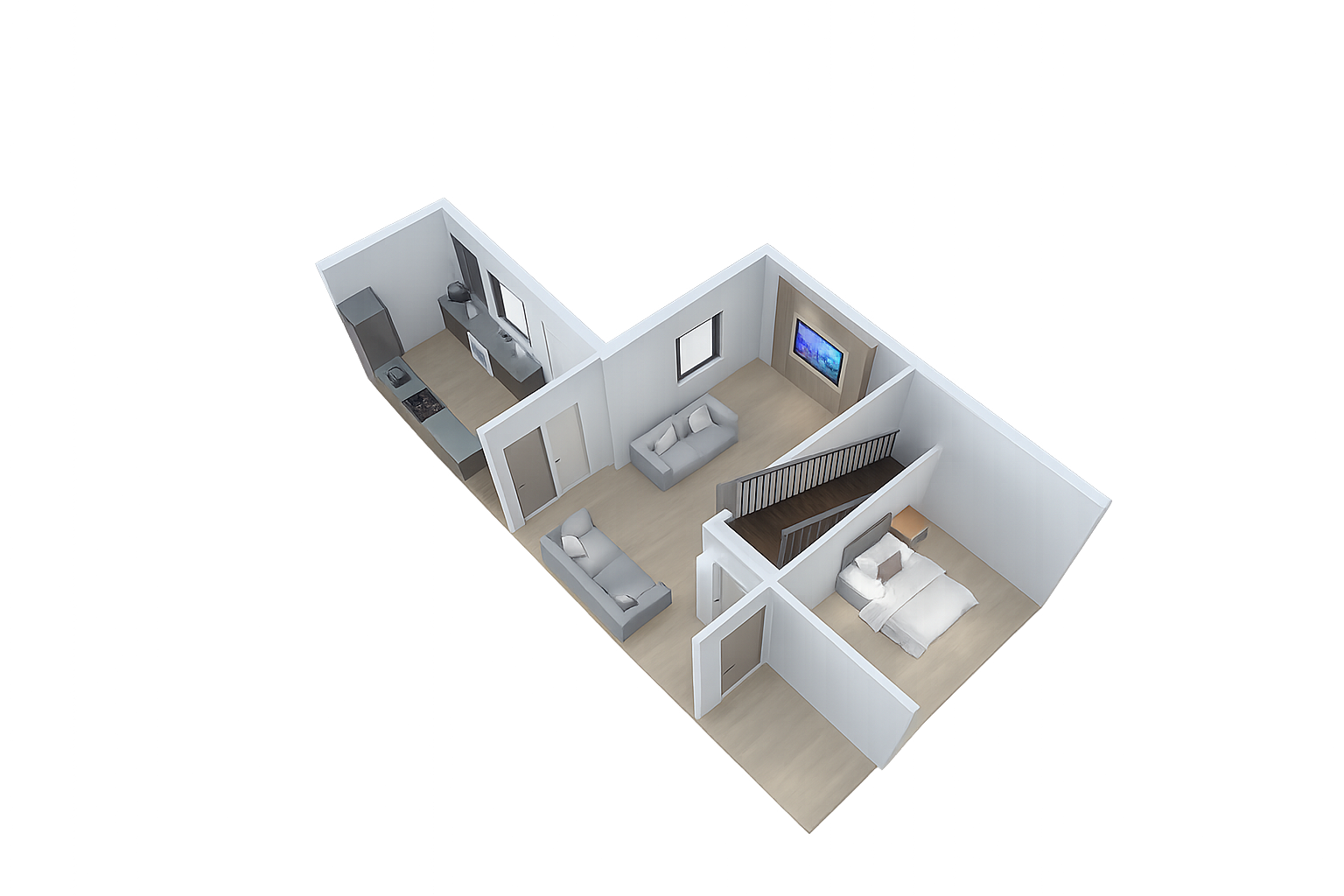 3D floor plan of a one-bedroom apartment with a living room, kitchen area, bedroom, and bathroom.
