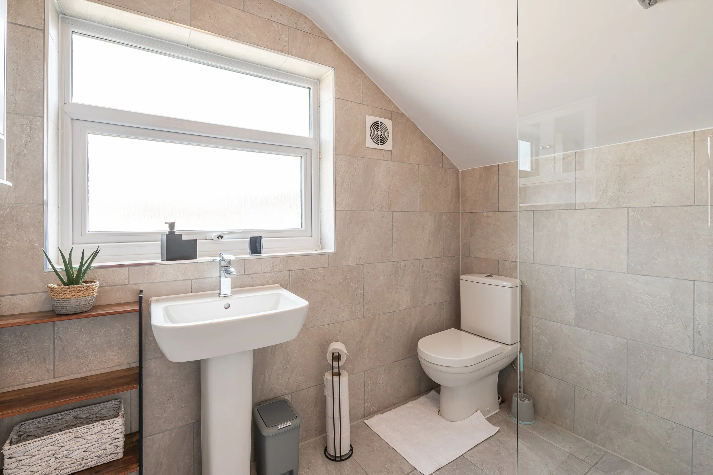 A modern bathroom with beige tiled walls, a white toilet, a white sink on a pedestal, a window above the sink, a wooden shelf with a plant, a toilet paper roll, and a white bath mat near the toilet.