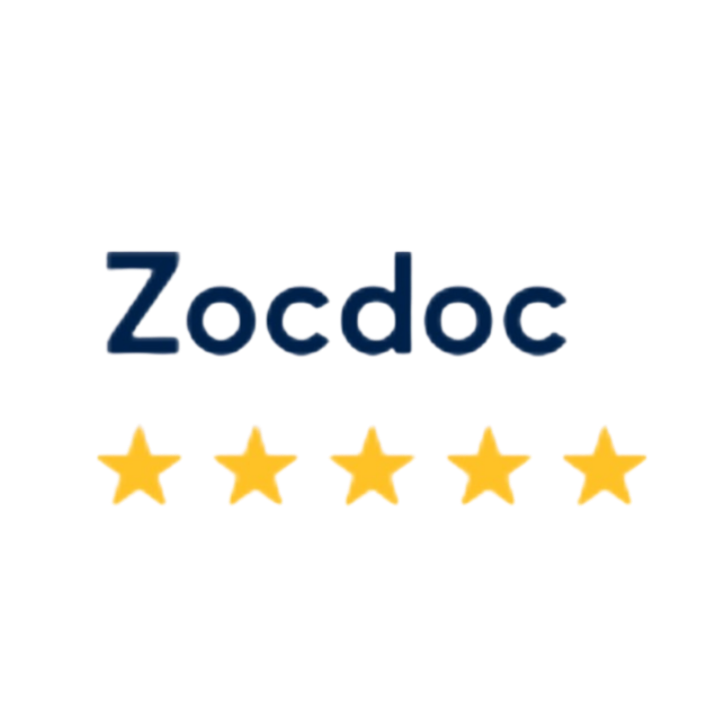 Zocdoc logo with five gold stars below it, indicating a five-star rating.