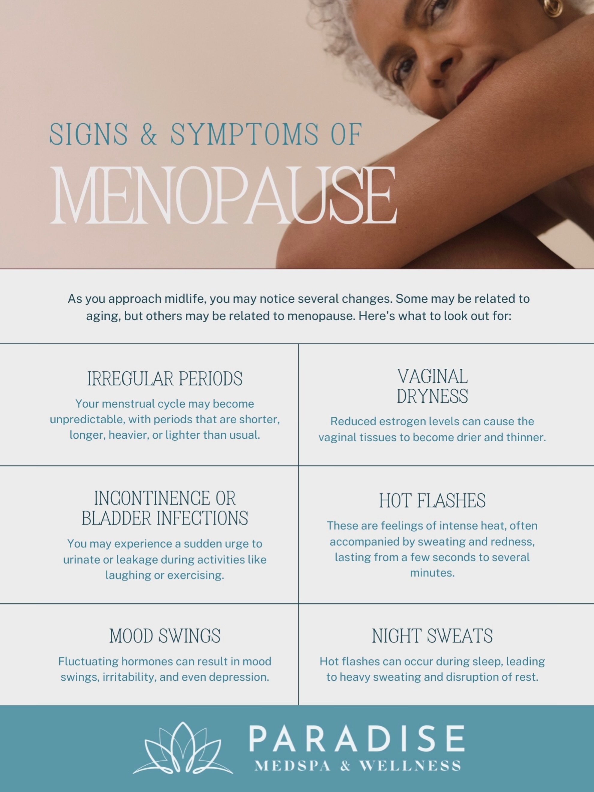 Have you experience any of these symptoms? If so, it may be time to consider Hormone Replacement Therapy! 🤍

Call or visit paradisewellnessaz.com to learn more about HRT! 

Schedule a consult today to see if HRT is right for you!✨

602-266-8144