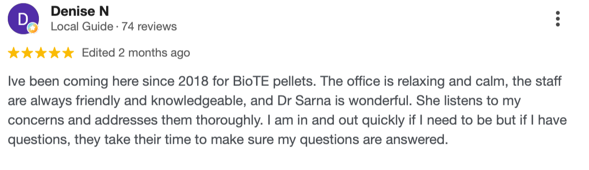 Screenshot of a Google review by Denise N for a bioTE pellets service, with a 5-star rating and positive comments about the staff and office environment.