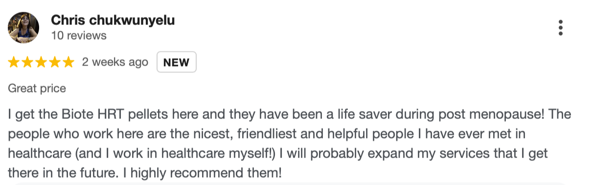 Google review for a health store, five-star rating, written by Chris Chukwunyelu, praising Biote HRT pellets and the staff's friendliness.