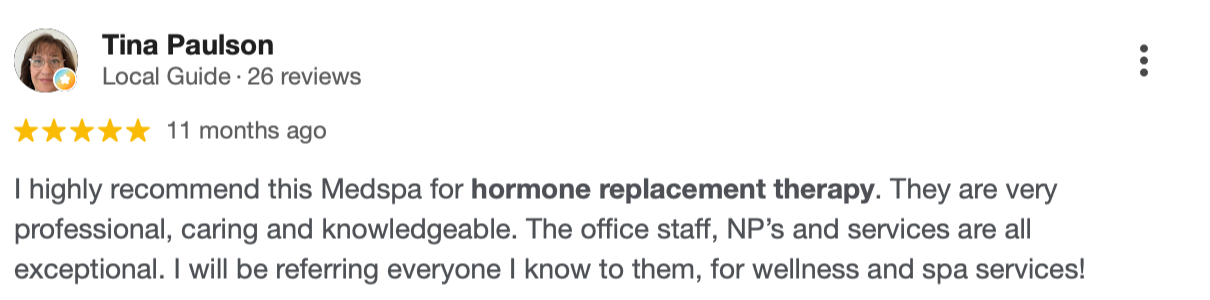 Screenshot of a positive review for Medspa, mentioning hormone replacement therapy, professional staff, and excellent service.
