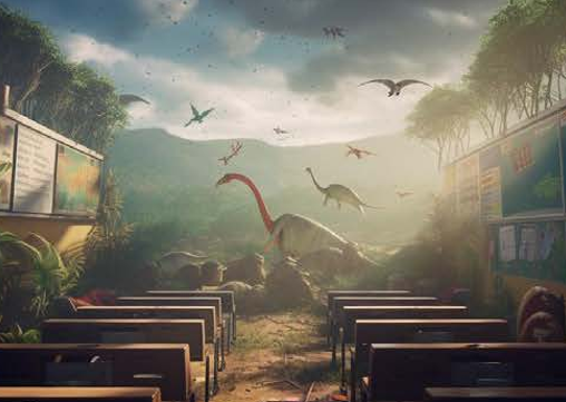 The wall and ceiling of an old fashioned classroom have melted away to reveal a vast Jurassic landscape with dinosaurs, mountains and trees.