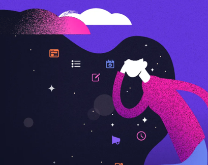 A textured simplified illustration of a dreaming woman. Her dark hair fans out across the image and the shape holds a starry sky scattered with clouds and productivity. 