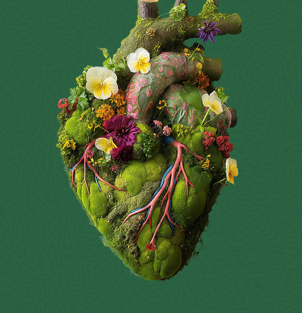 A realistic human heart which is beautifully made out of moss, plant roots, ivy and small flowers. 