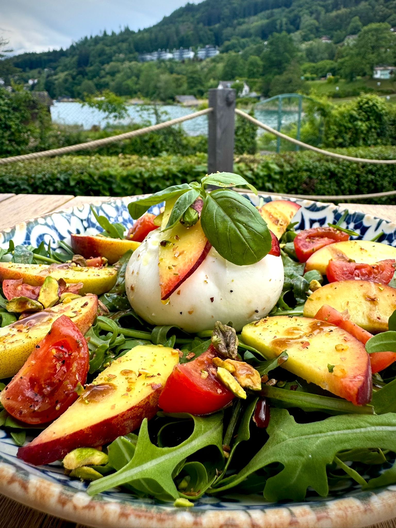 Ein Teller mit Mozzarella, Tomatenscheiben, frischem Basilikum und Rucola vor einer Aussicht auf einen See und grüne Hügel.