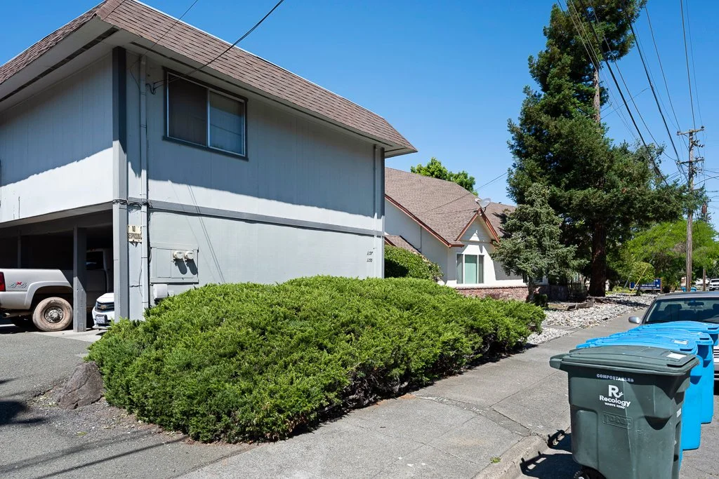 Residential street with houses, bushes, trees, garbage cans, and parked cars on a sunny day.