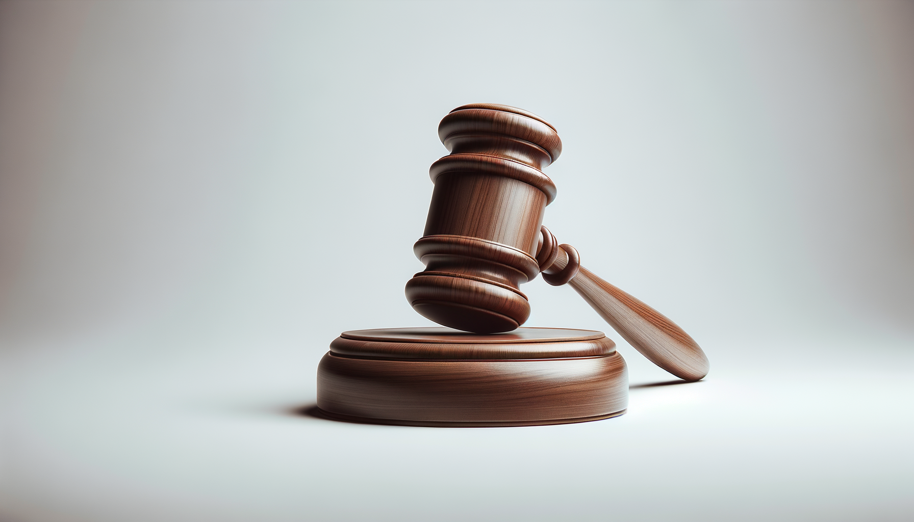 A wooden judge's gavel resting on a base, with the gavel leaning against the base, against a plain background.