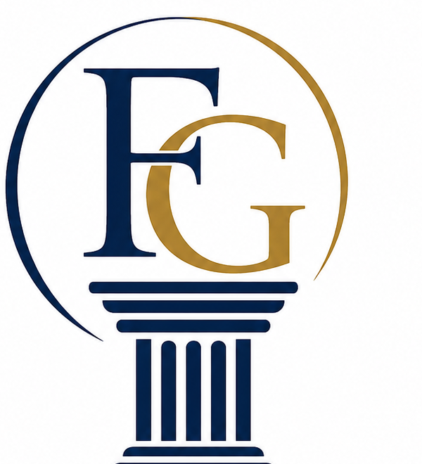 A logo with the initials 'FG' in blue and gold, integrated into a lightbulb design with a classical column base.
