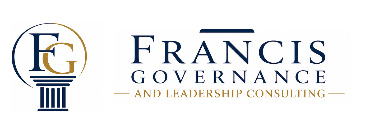 Logo for Francis Governance and Leadership Consulting featuring a lightbulb with a pillar base and the company name.
