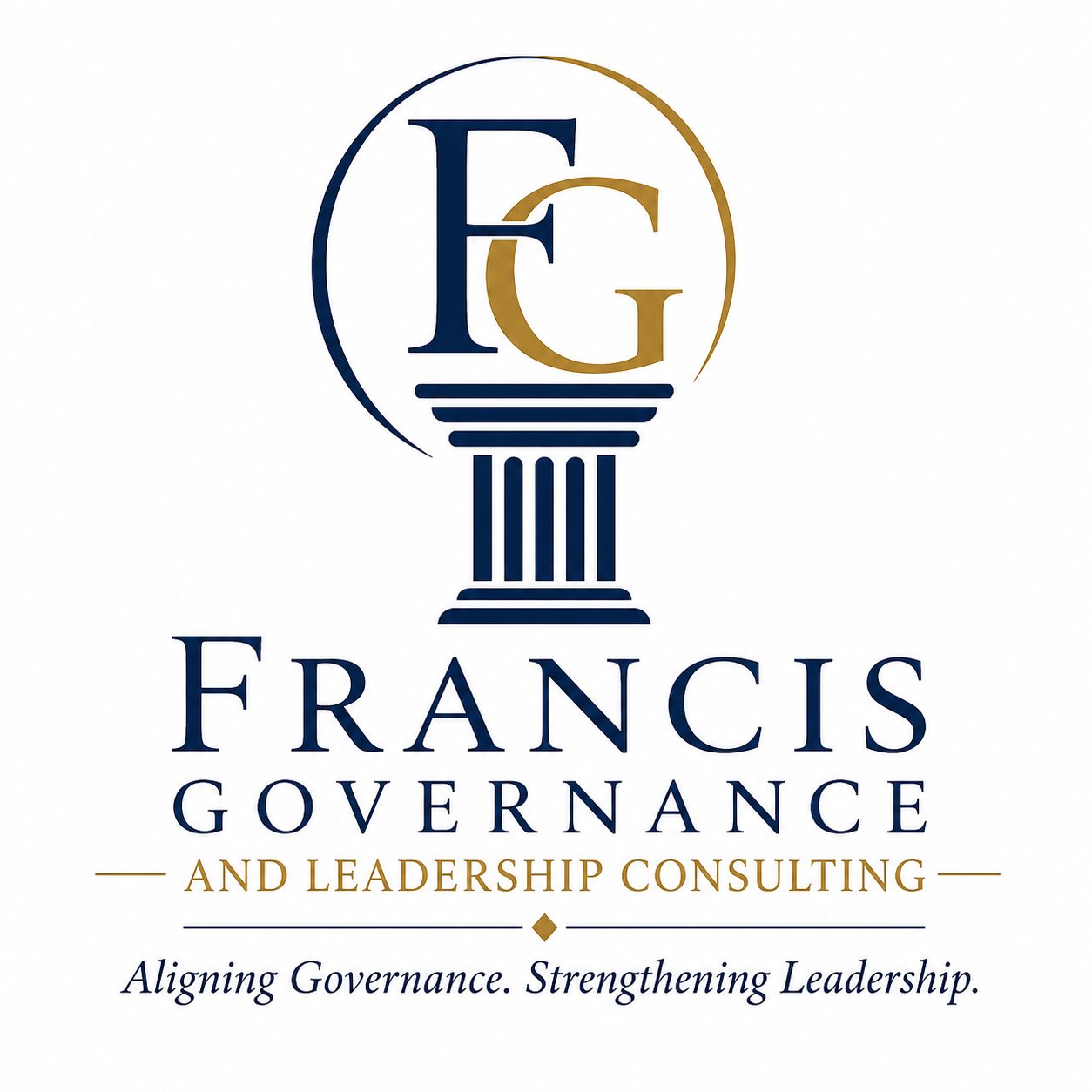 Logo for Francis Governance and Leadership Consulting featuring a stylized column and the letters F and G.