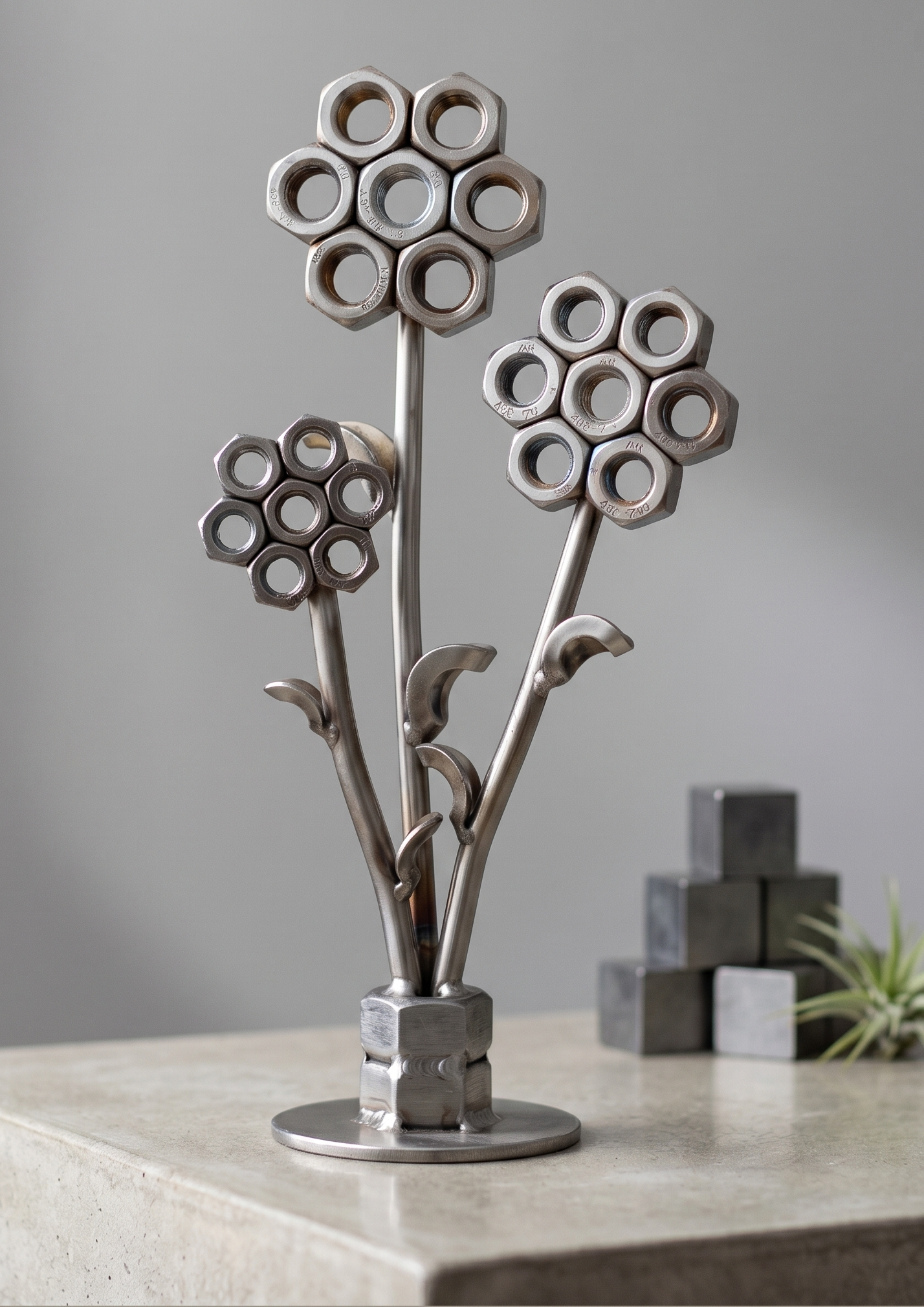 Industrial Metal Nut Flower Sculpture – Triple Stem