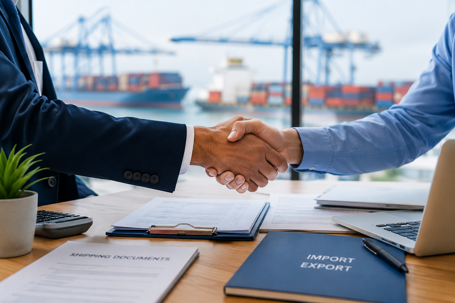 Two men in business suits shaking hands in a meeting room with a view of a shipping port with containers and cranes outside the window.