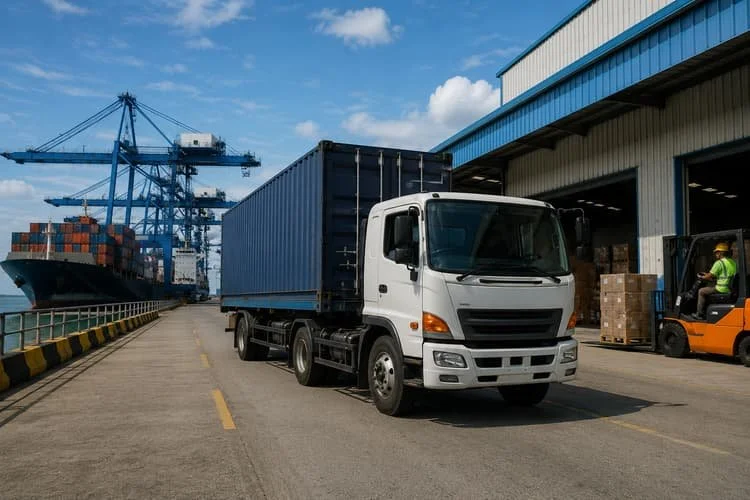 White delivery truck parked outside a warehouse with cargo containers and a forklift operator nearby.