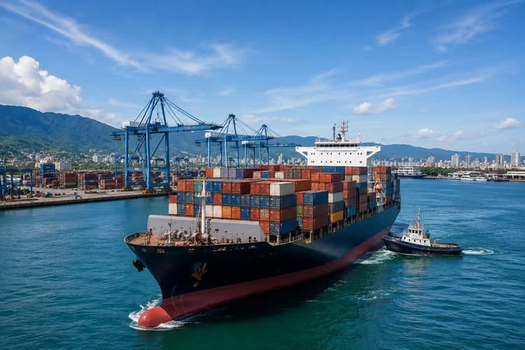 Large cargo ship with stacked shipping containers being guided by a tugboat in a harbor with port cranes and city skyline in the background.