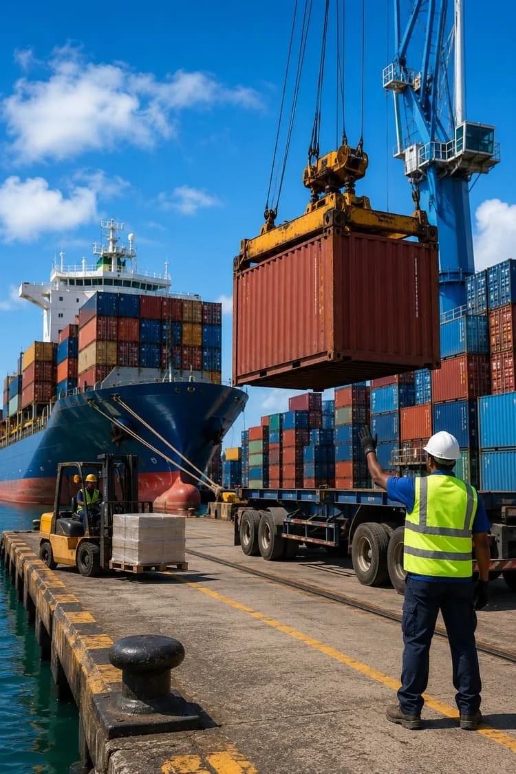 A cargo ship docked at a port, with containers being loaded or unloaded using a crane. Workers in safety gear are managing equipment on the dock.