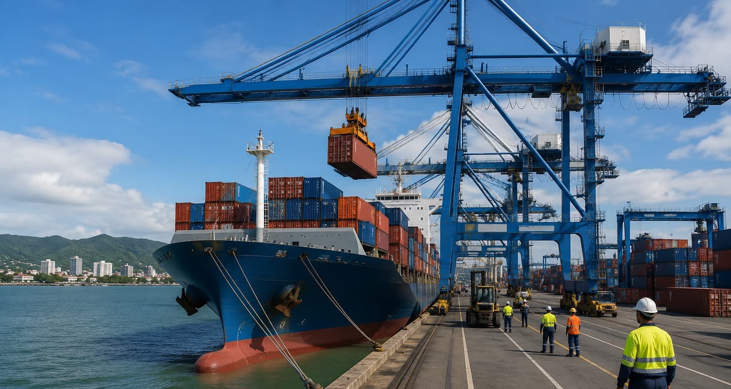 Cargo ship docked at a port with large blue cranes overhead, stacking containers, while workers in safety gear walk on the dock.