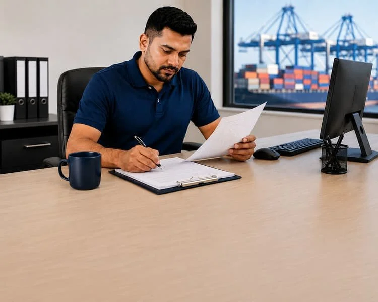 Man working at an office desk with documents, a coffee mug, a computer, and a view of cranes and shipping containers outside the window.