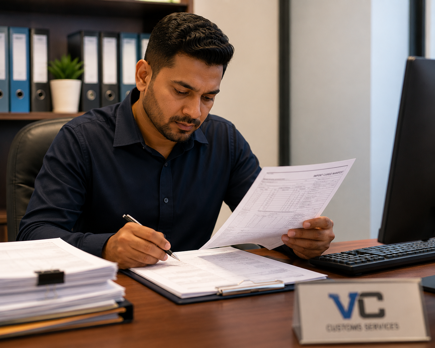 A man sitting at a desk in an office, looking at a document while holding a pen. There are stacks of papers, a computer monitor, and a nameplate on the desk marked 'VC Customers Services.'