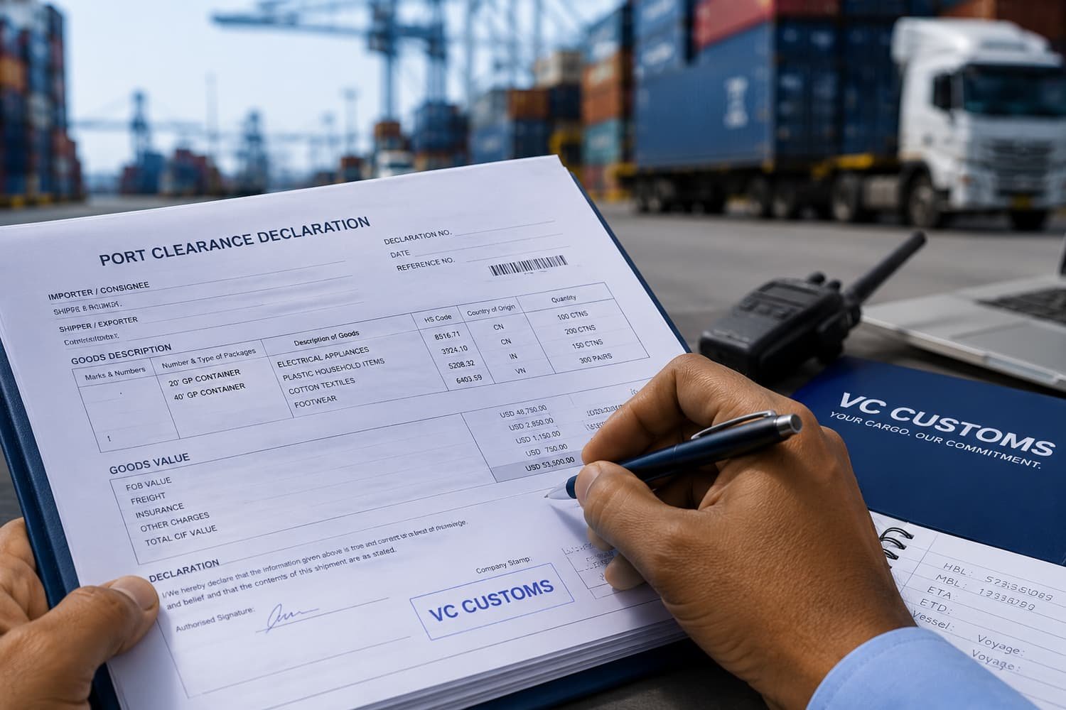 A person filling out a port clearance declaration form at a shipping container yard with trucks and containers in the background.