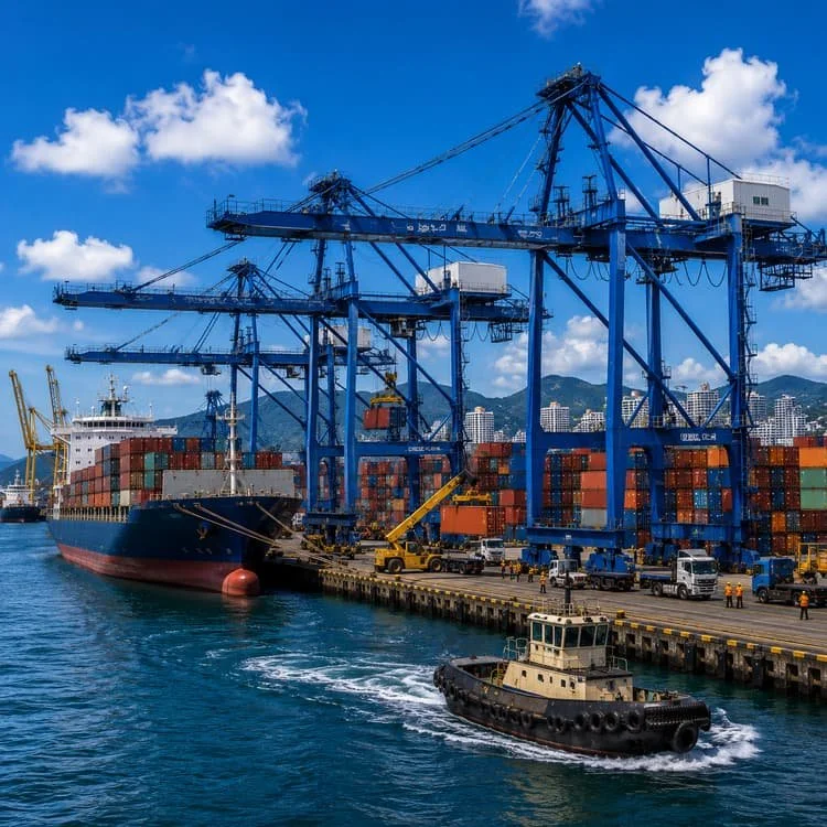 Cargo ships and large blue cranes at a busy port with stacked shipping containers, tugboat in water, and cityscape in background.