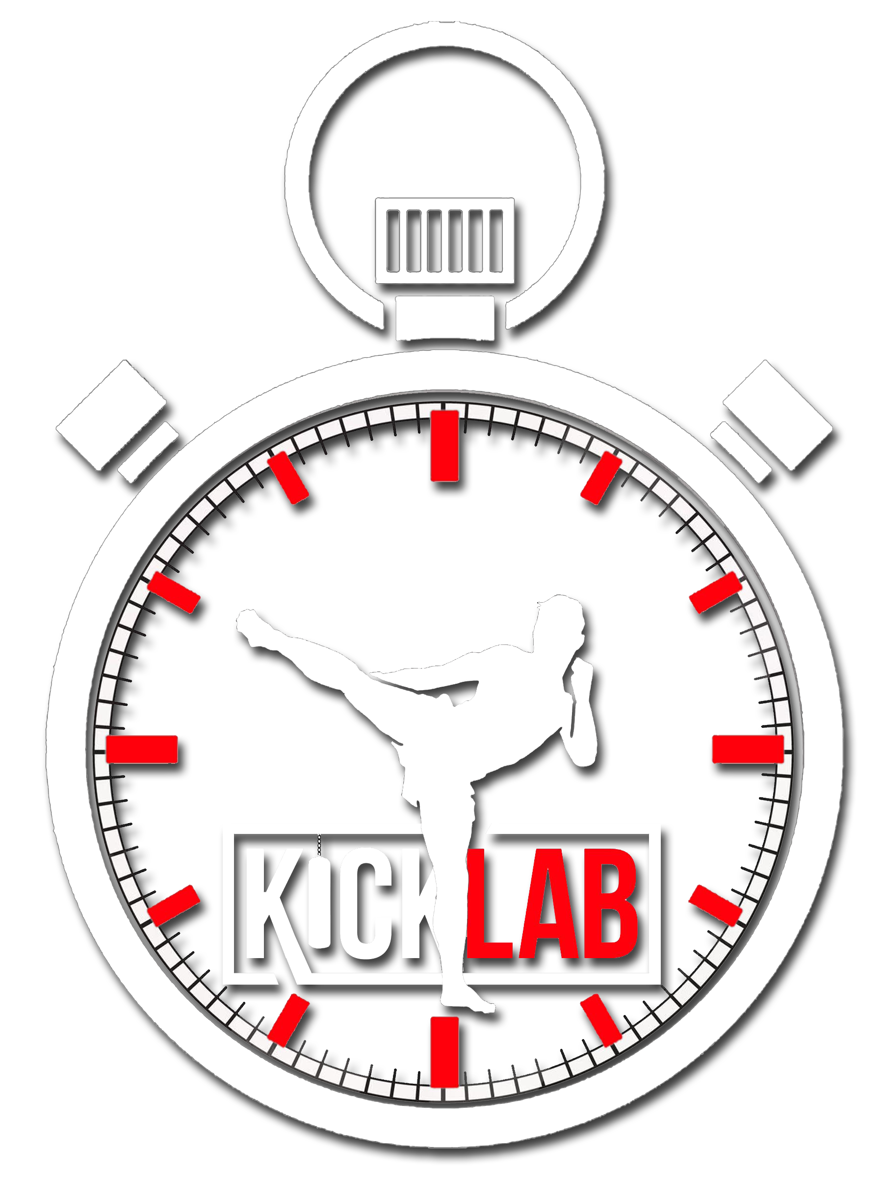 A clock face with a silhouette of a person doing a kickboxing move in the center, above a rectangular logo that reads 'KICK LAB' with the words 'KICK' in white and 'LAB' in red.