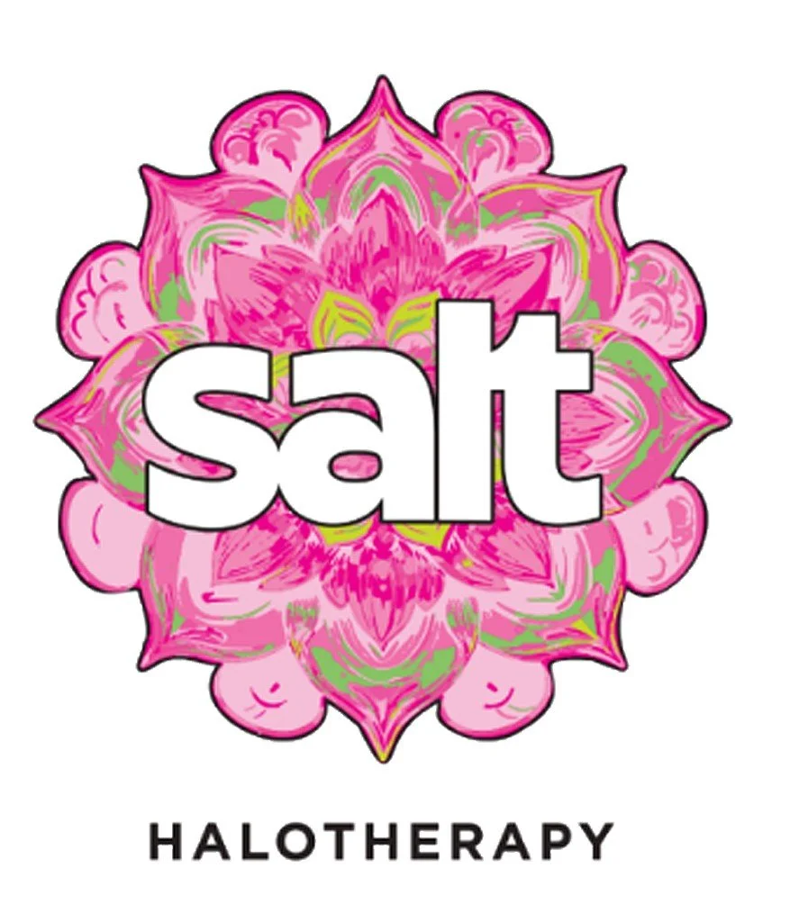 A pink, green, and white mandala-like design with the word 'salt' in bold white letters in the center, and the word 'HALOTHERAPY' below in black.