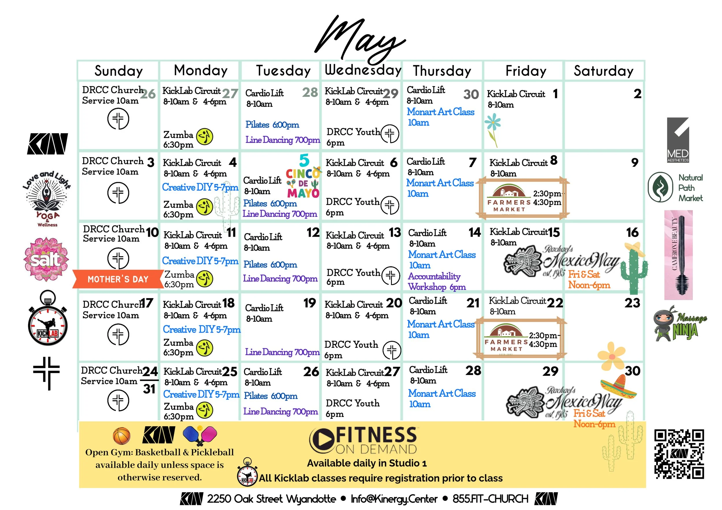 Monthly calendar for May with scheduled fitness classes and activities, along with logos, advertisements, and decorative elements.