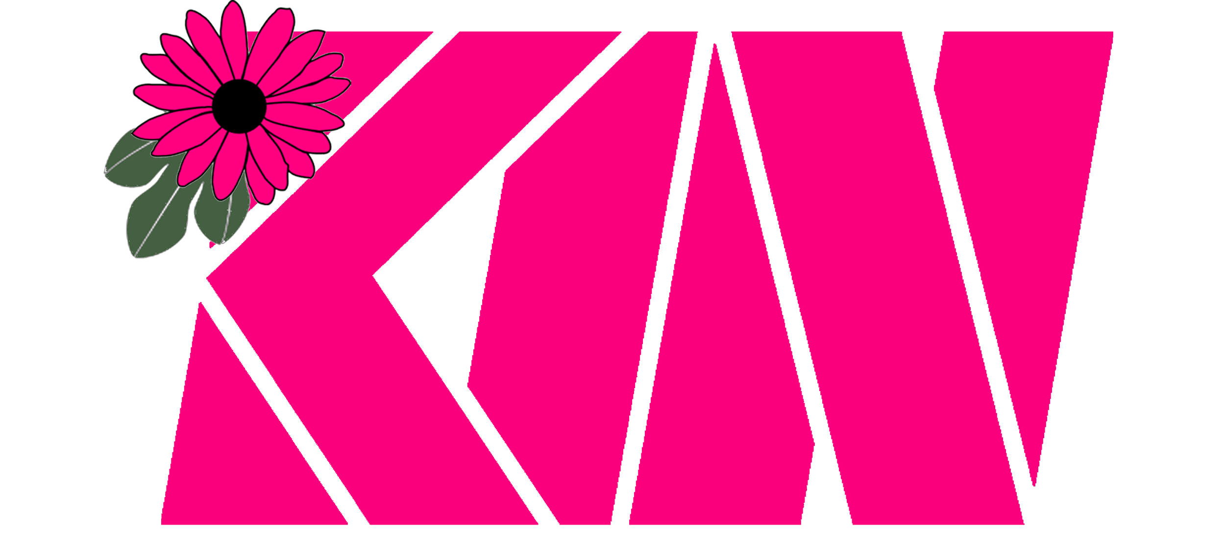 Pink text spelling out KIM with black outlines, decorated with a pink flower and green leaves at the top left.