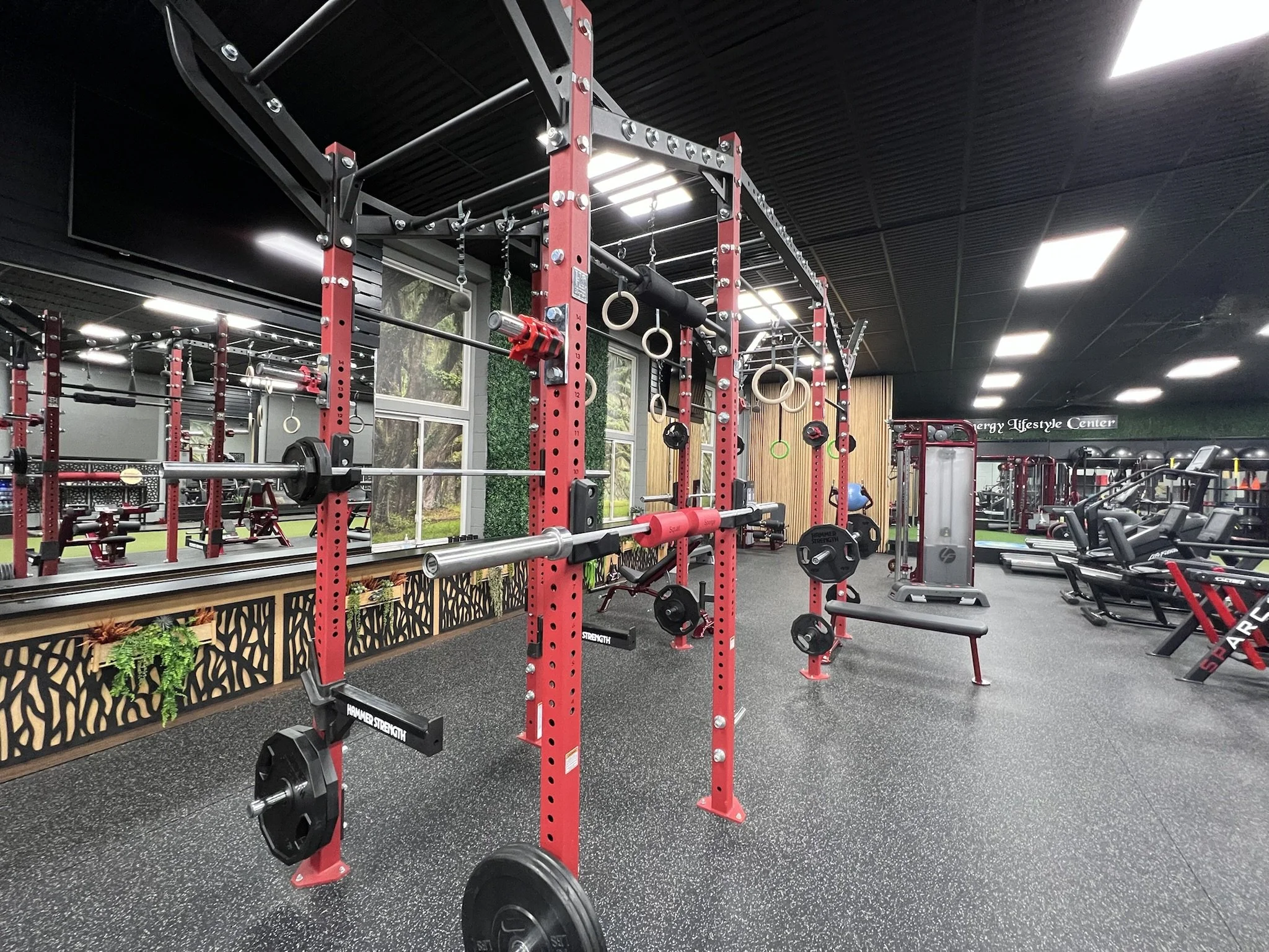 A gym with red and black weightlifting equipment, including barbells, dumbbells, and gymnastic rings, inside a facility with large windows and ceiling lights.
