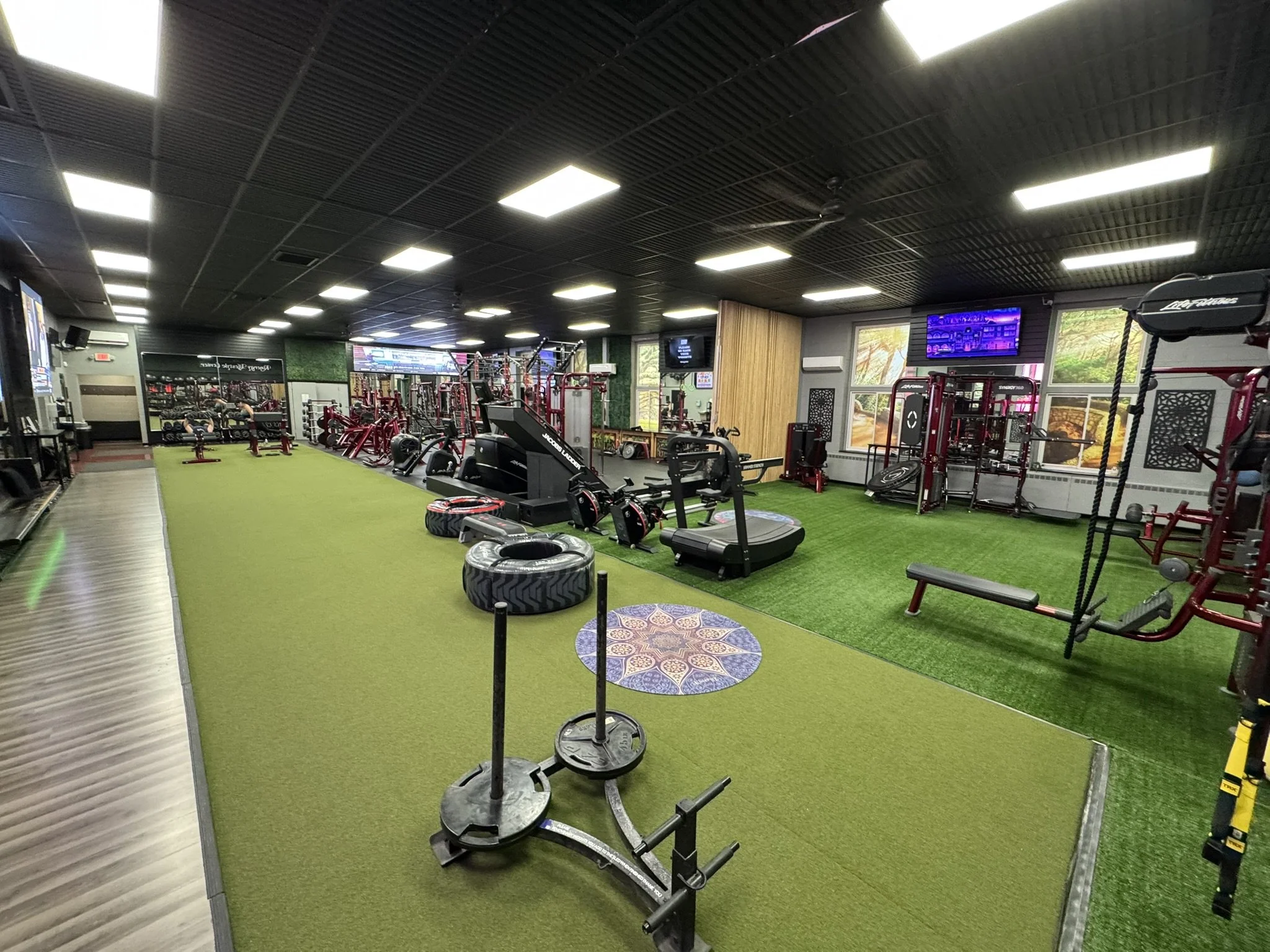 Interior of a gym with various exercise equipment, artificial turf flooring, large windows, and overhead lighting.