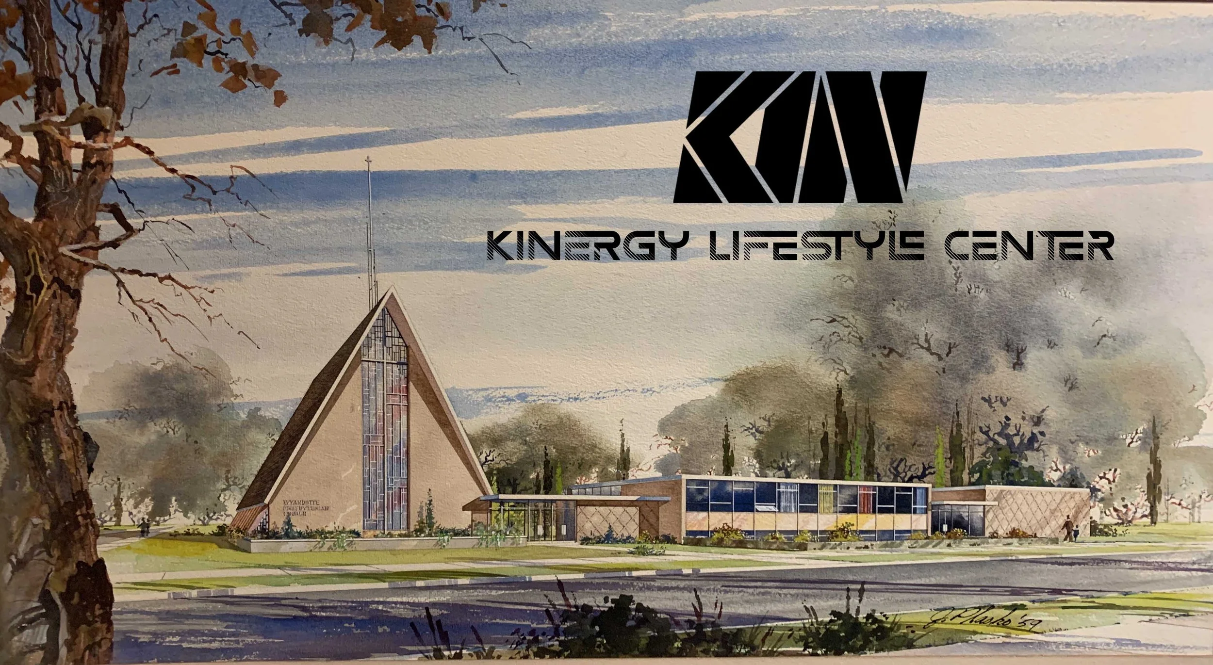 A watercolor-style illustration of the Kinergy Lifestyle Center with modern architectural design, trees, and a pathway in the foreground.