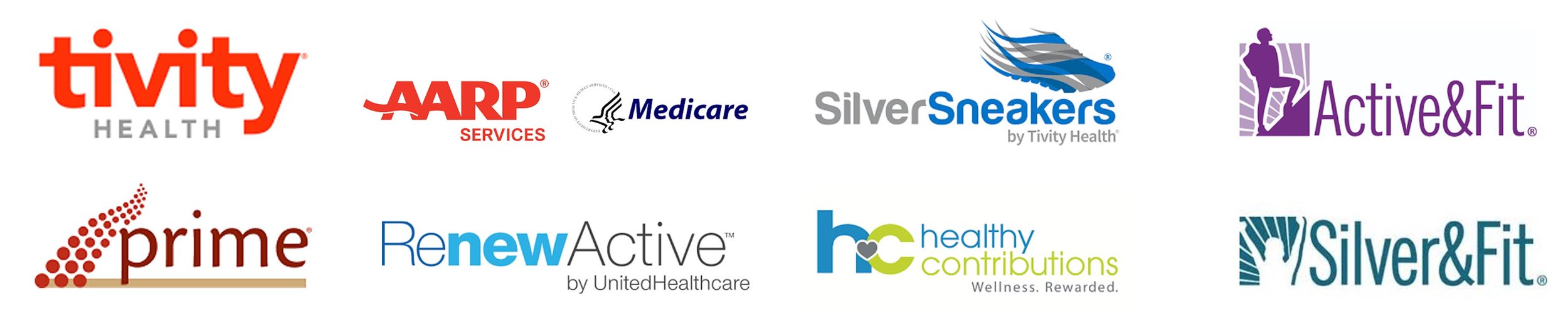 Collection of health and wellness brand logos including Tivity Health, AARP Services, Medicare, SilverSneakers, Active & Fit, Prime, Renew Active, Healthy Contributions, and Silver & Fit.