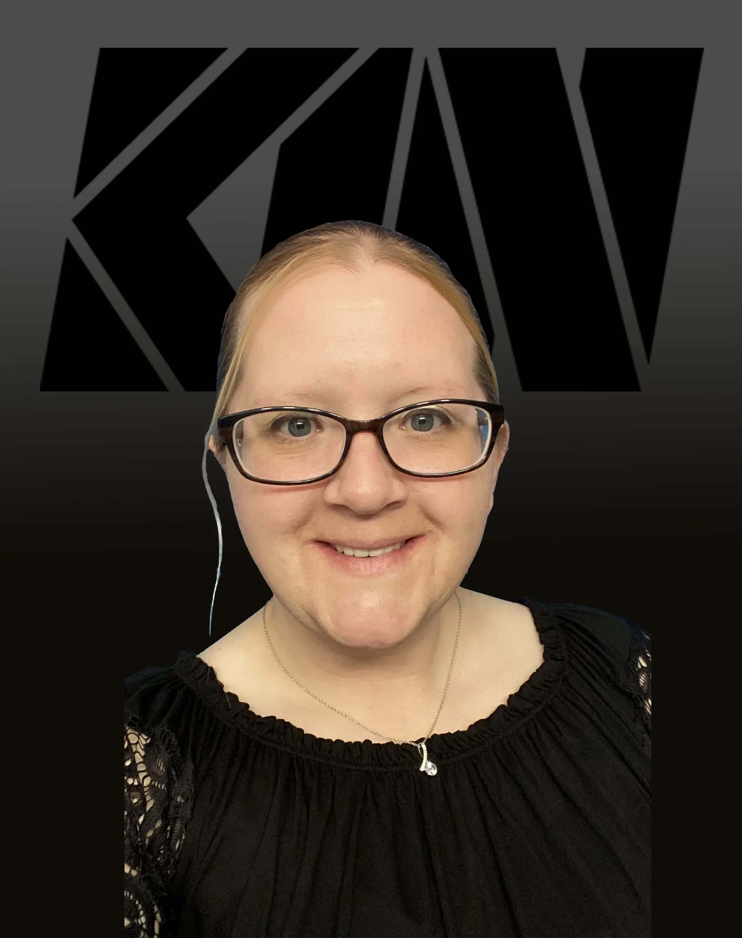 A smiling woman with glasses and earrings, wearing a black dress with lace details, in front of a black and gray background with a large logo.