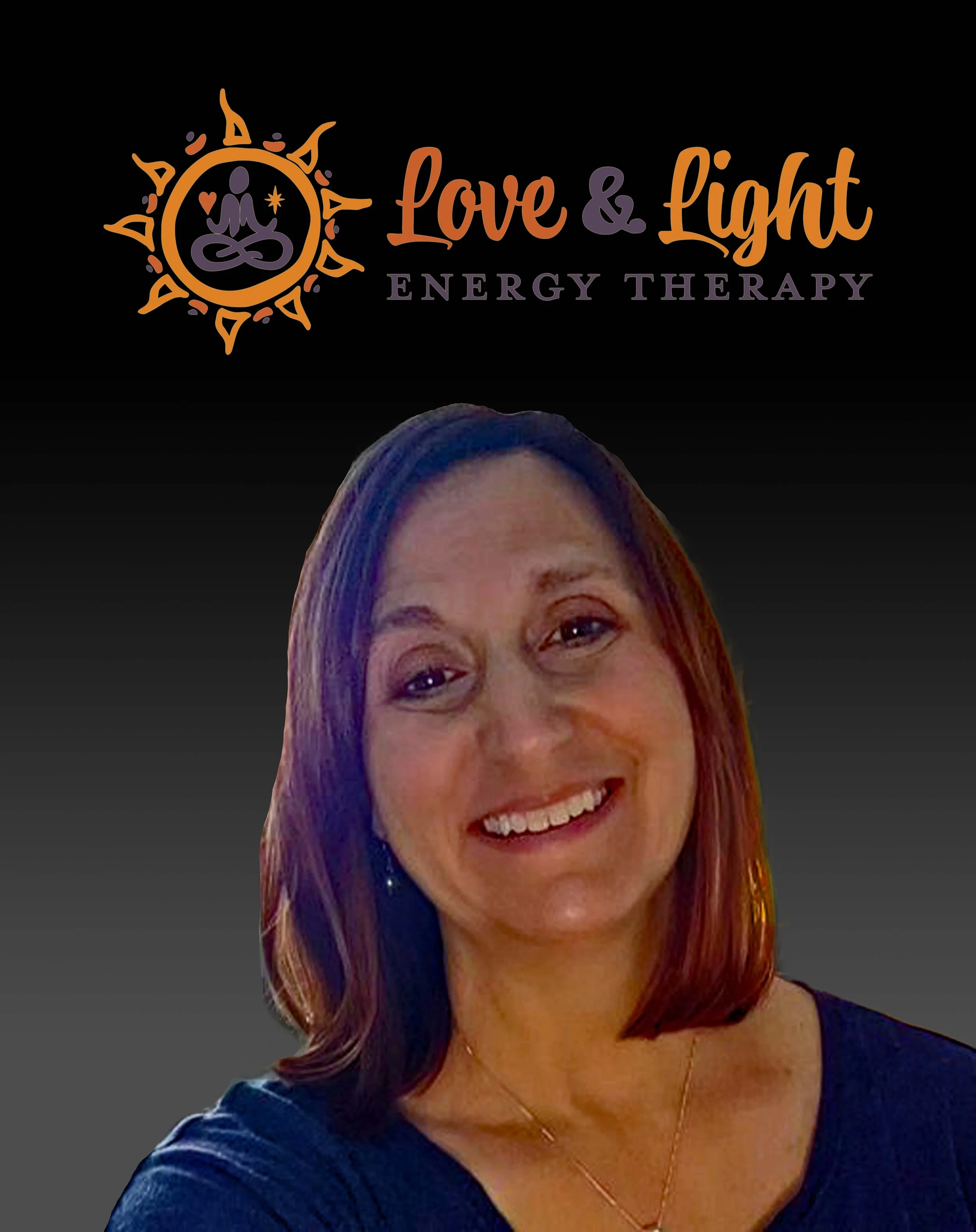 Close-up of a smiling woman with shoulder-length brown hair and a necklace, wearing a dark blue top, against a black background with the text 'Love & Light Energy Therapy' and a circular logo with abstract figures and symbols.