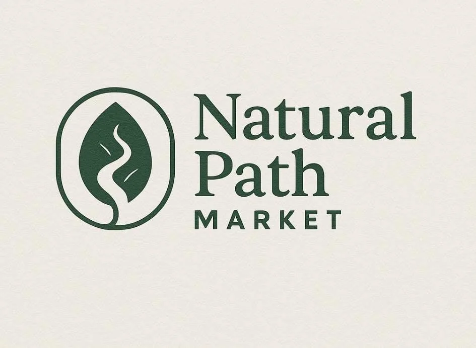 Logo for Natural Path Market featuring a green leaf with a winding path inside.