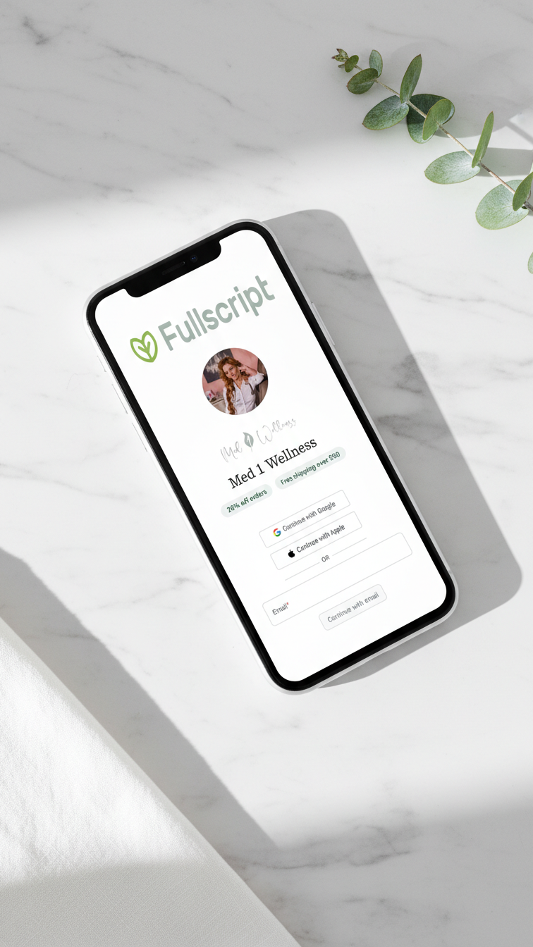 Smartphone on a white marble surface displaying a wellness app called Fullscript with a profile picture of a woman, the name Mel D. Walker, and options to continue with Google, Apple, or email. There is a green eucalyptus branch on the upper right corner.