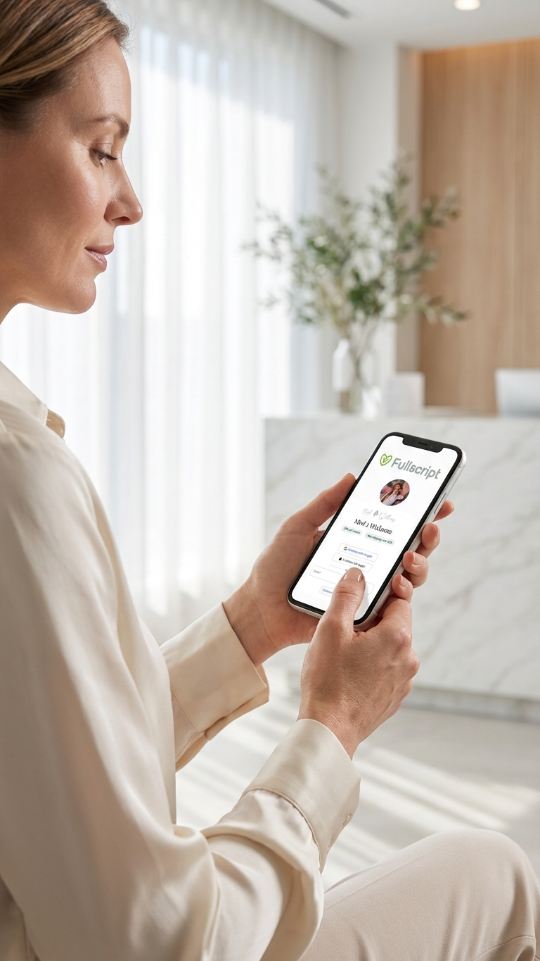 A woman looking at her smartphone displaying a health app in a bright, modern indoor setting.
