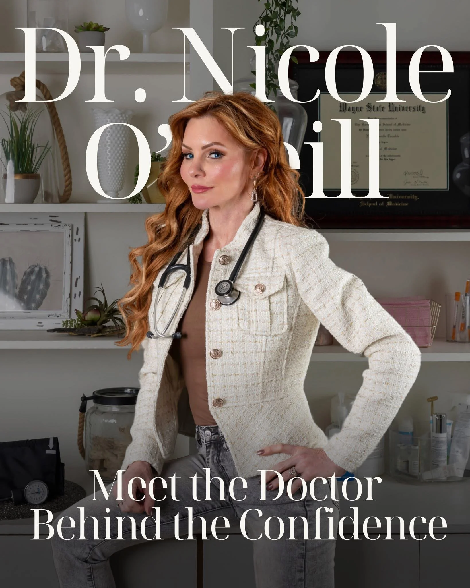 Medical professional with red hair and stethoscope around her neck, standing in a medical or office setting with books, plants, and certificates in the background, with overlaid text 'Dr. Nicole O'Reilly Meet the Doctor Behind the Confidence'.