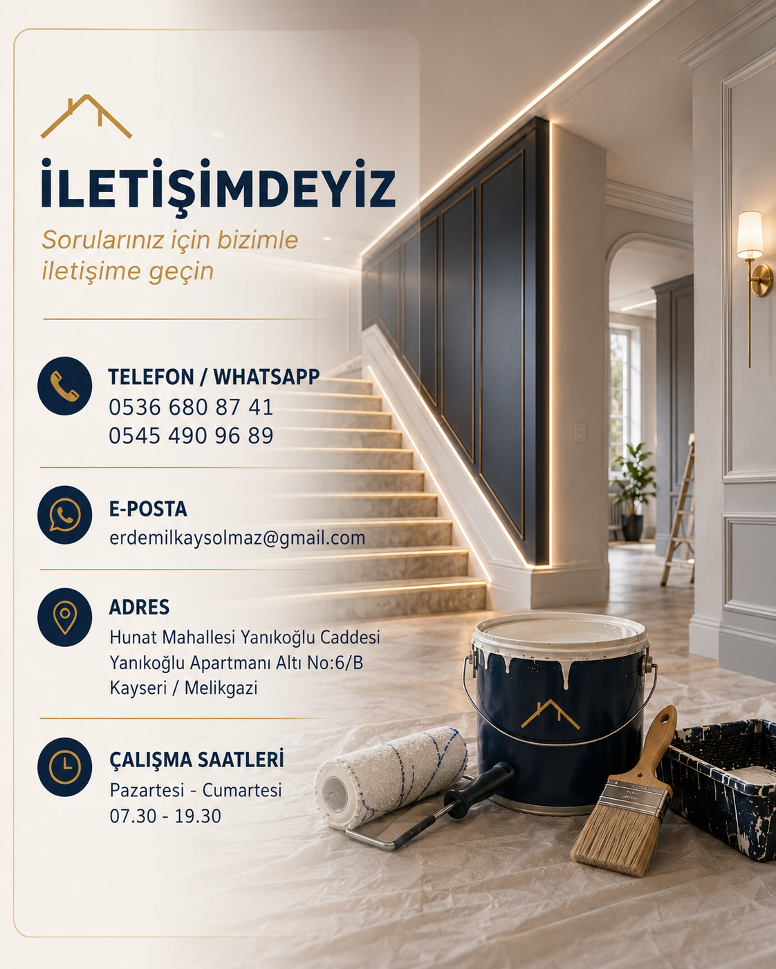 Contact information for a home renovation or interior design service displayed over an image of a modern staircase with blue doors and warm lighting, including phone, email, address, and working hours.