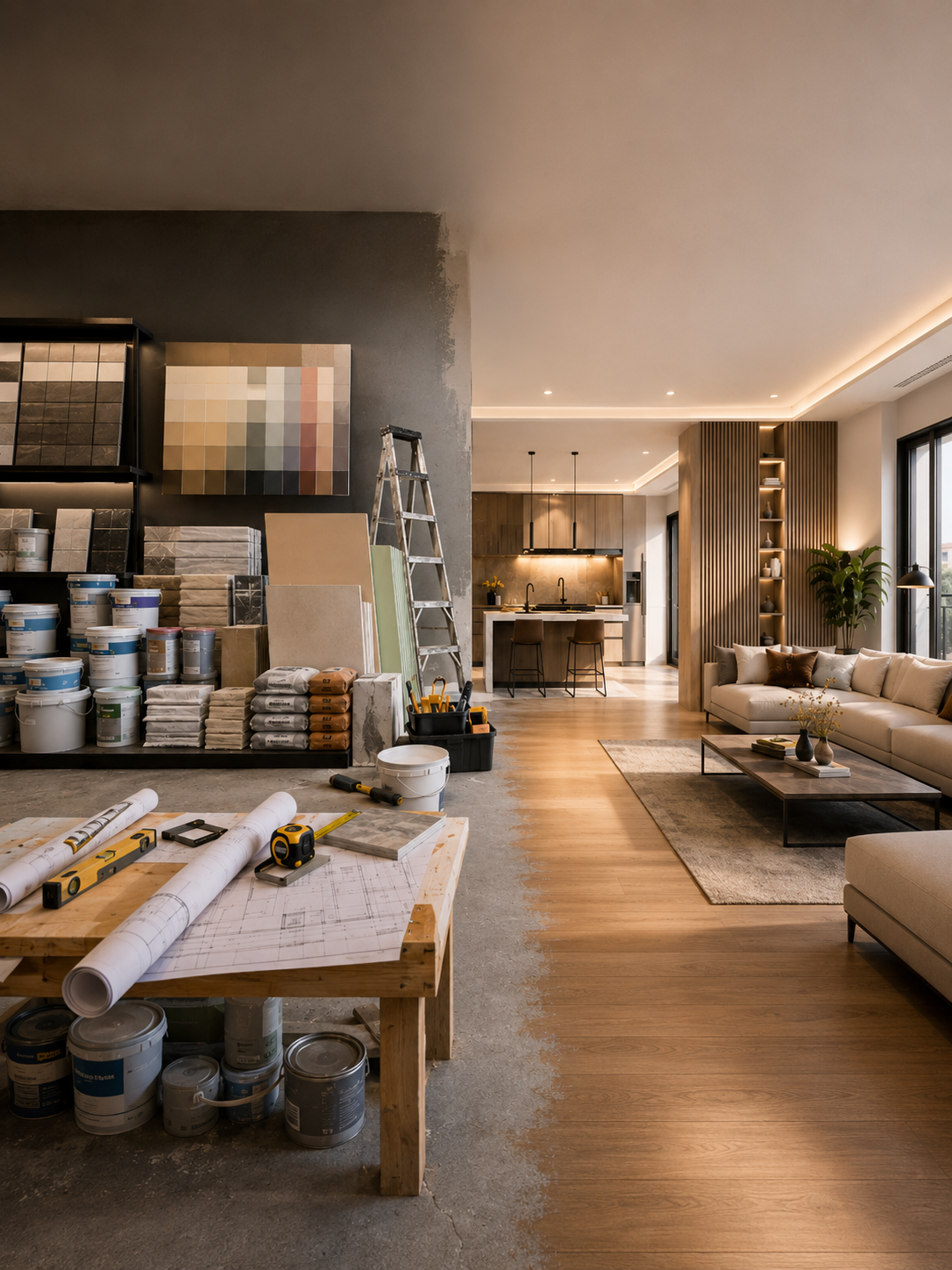 Living room under renovation with construction materials, paint cans, a ladder, and blueprints on a wooden table, transitioning to a finished, modern kitchen and living area.